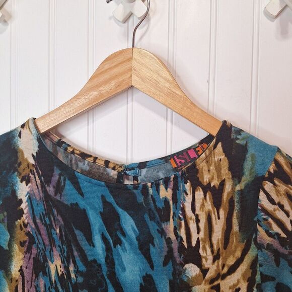Isle Apparel Womens Peplum Fitted Dress Size S Blue Multi Long Sleeve Knit VTG - Picture 3 of 10